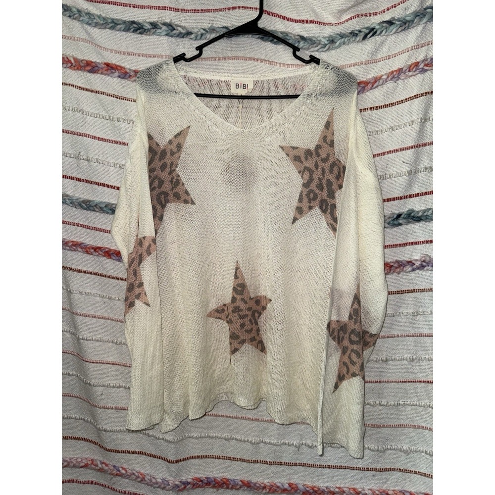 Bibi Ladies Lightweight Tunic Sweater White Stars Animal Print Size Small NWT